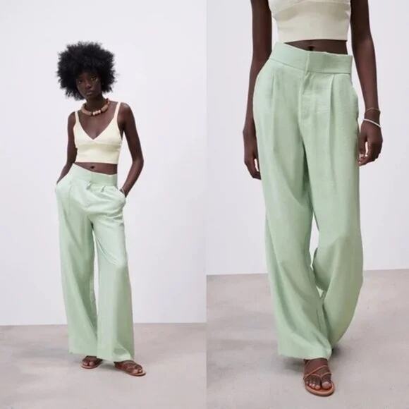 Zara High Waist Wide Leg Trousers Pants in Sea Green Size L - Picture 4 of 11